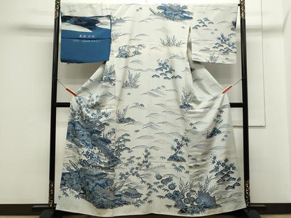 平和屋着物●藍造り国選定無形文化財 藍師・佐藤昭人 訪問着 型染め 本藍ぞめ 渡り橋風景文 反端付き 正絹 逸品 CAAS0304th