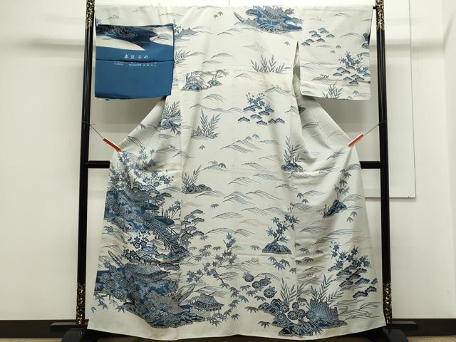 平和屋着物●藍造り国選定無形文化財 藍師・佐藤昭人 訪問着 型染め 本藍ぞめ 渡り橋風景文 反端付き 正絹 逸品 CAAS0304th