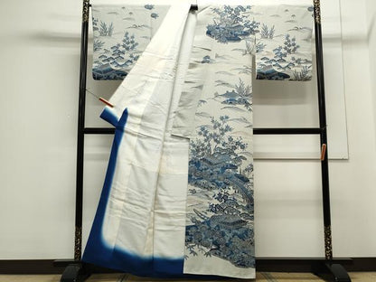 平和屋着物●藍造り国選定無形文化財 藍師・佐藤昭人 訪問着 型染め 本藍ぞめ 渡り橋風景文 反端付き 正絹 逸品 CAAS0304th