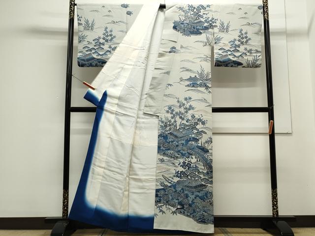 平和屋着物●藍造り国選定無形文化財 藍師・佐藤昭人 訪問着 型染め 本藍ぞめ 渡り橋風景文 反端付き 正絹 逸品 CAAS0304th
