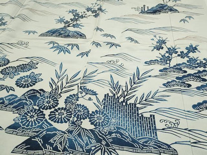 平和屋着物●藍造り国選定無形文化財 藍師・佐藤昭人 訪問着 型染め 本藍ぞめ 渡り橋風景文 反端付き 正絹 逸品 CAAS0304th