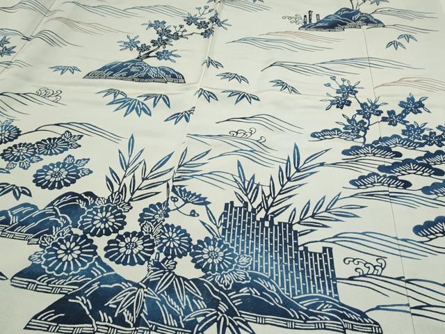平和屋着物●藍造り国選定無形文化財 藍師・佐藤昭人 訪問着 型染め 本藍ぞめ 渡り橋風景文 反端付き 正絹 逸品 CAAS0304th