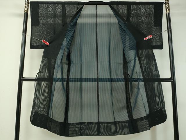 平和屋着物▽道行コート　スリーシーズン　春夏秋　塵除け　紗　縞　ロング丈　黒地　正絹　逸品　CAAS0536vp