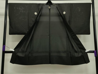 平和屋着物▽男性 黒紋付 長羽織 スリーシーズン 春夏秋 塵除け 絽 正絹 逸品 CAAS1979gh