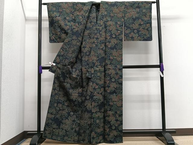 平和屋着物▽上質な紬 単衣 草花文 正絹 逸品 未使用 CAAS2406xi