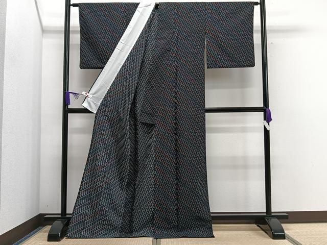 平和屋着物▽小紋 単衣 抽象文 黒地 洗える着物 CAAS2413xi