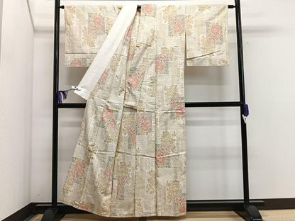 平和屋着物▽上質な紬 単衣 草花文 正絹 逸品 CAAS2416xi