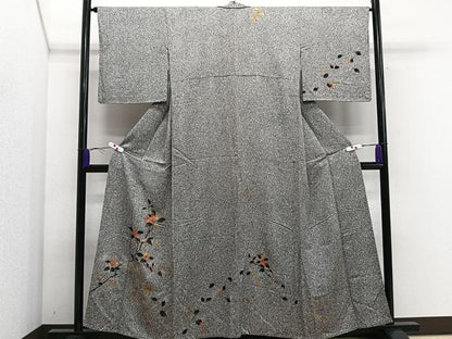 平和屋着物▽訪問着　単衣　枝花文　たたき染め　黒地　金彩　正絹　逸品　CAAS2428xi