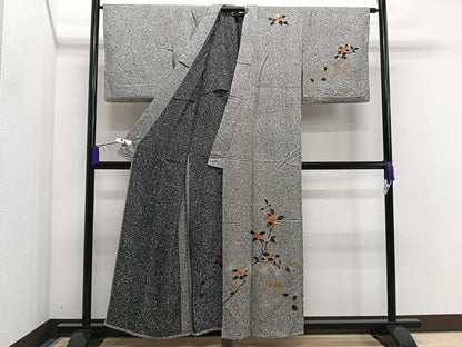 平和屋着物▽訪問着　単衣　枝花文　たたき染め　黒地　金彩　正絹　逸品　CAAS2428xi