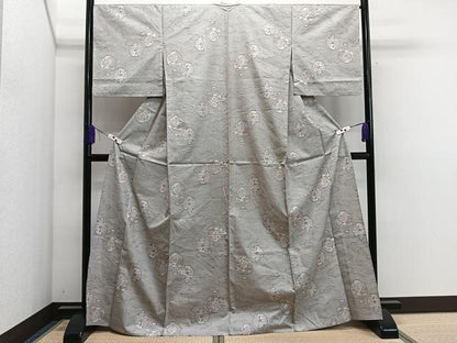 平和屋着物▽上質な紬 単衣 陶器草花文 正絹 逸品 CAAS2457xi