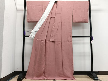 平和屋着物▽上質な色無地　単衣　枝葉地紋　真朱色　正絹　逸品　CAAS2467xi