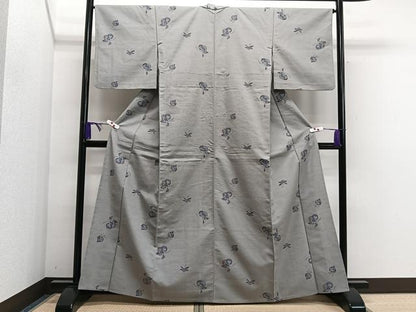 平和屋着物▽弥生紬　単衣　枝花文　反端付き　正絹　逸品　CAAS2473xi
