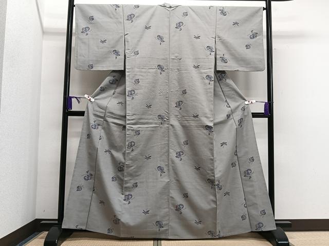 平和屋着物▽弥生紬　単衣　枝花文　反端付き　正絹　逸品　CAAS2473xi
