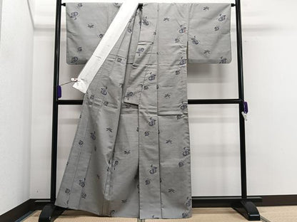 平和屋着物▽弥生紬　単衣　枝花文　反端付き　正絹　逸品　CAAS2473xi