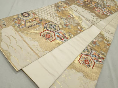 平和屋着物◎六通柄袋帯 唐織 亀甲花文 金銀糸 引箔 正絹 逸品 CAAS4042qe