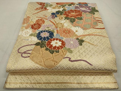 平和屋着物◎佐賀錦 太鼓柄袋帯 唐織 花籠文 金糸 正絹 逸品 CAAS4238qe