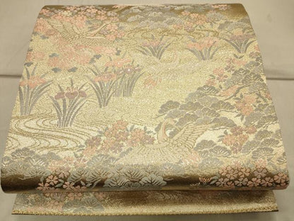 平和屋着物◎六通柄袋帯 飛鶴流水花文 金糸 正絹 逸品 CAAS4487ft