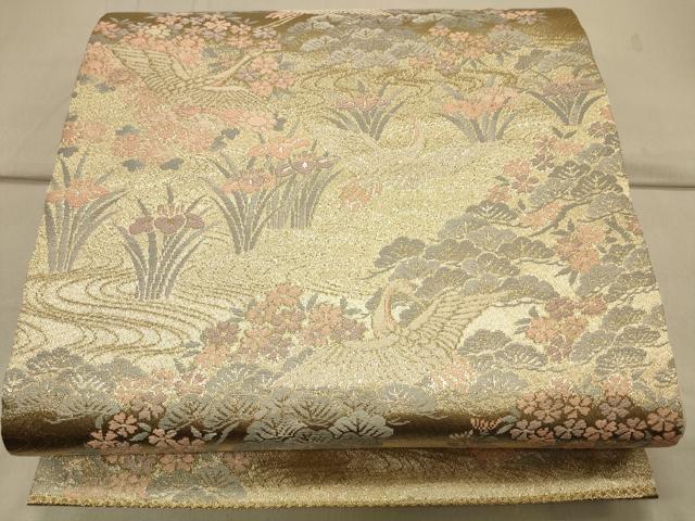 平和屋着物◎六通柄袋帯 飛鶴流水花文 金糸 正絹 逸品 CAAS4487ft