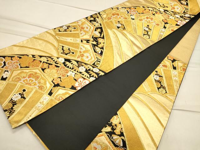 平和屋着物◎六通柄袋帯 吉祥花文 黒地 金銀糸 正絹 逸品 CAAS4519ft
