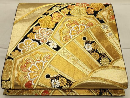 平和屋着物◎六通柄袋帯 吉祥花文 黒地 金銀糸 正絹 逸品 CAAS4519ft