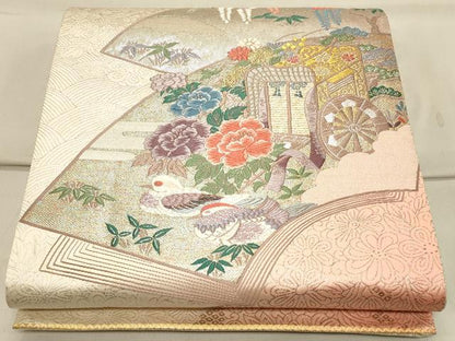 平和屋着物◎六通柄袋帯 唐織 御所車花鳥文 金銀糸 正絹 逸品 CAAS4523ft
