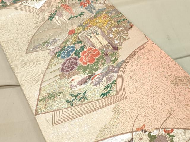 平和屋着物◎六通柄袋帯 唐織 御所車花鳥文 金銀糸 正絹 逸品 CAAS4523ft