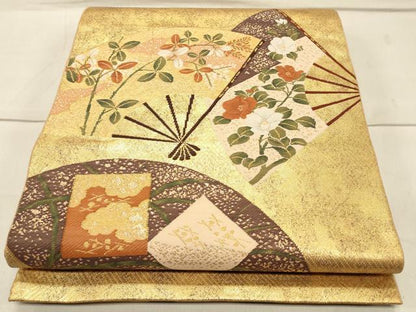 平和屋着物◎太鼓柄袋帯 すくい織 扇面花文 金銀糸 引箔 正絹 逸品 CAAS4575ft