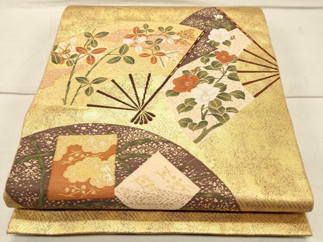 平和屋着物◎太鼓柄袋帯 すくい織 扇面花文 金銀糸 引箔 正絹 逸品 CAAS4575ft