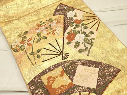 平和屋着物◎太鼓柄袋帯 すくい織 扇面花文 金銀糸 引箔 正絹 逸品 CAAS4575ft