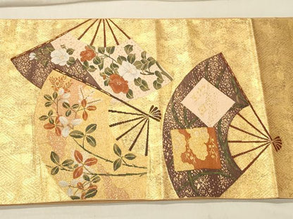 平和屋着物◎太鼓柄袋帯 すくい織 扇面花文 金銀糸 引箔 正絹 逸品 CAAS4575ft