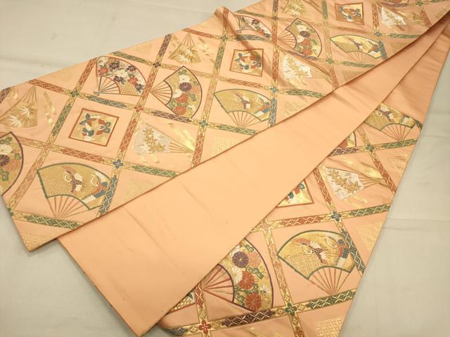 平和屋着物◎京の名門 じゅらく謹製 六通柄袋帯 天井扇面花鳥文 金銀糸 正絹 逸品 CAAS4637ft