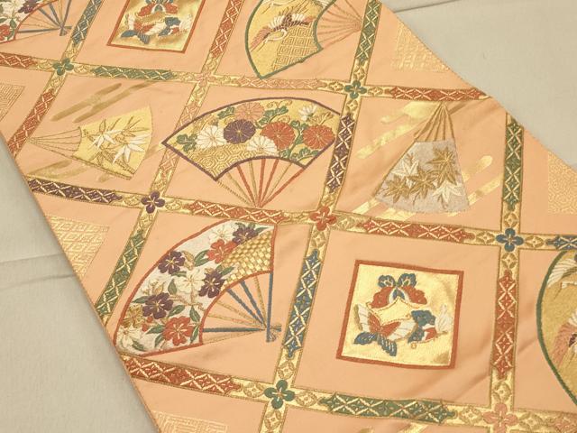 平和屋着物◎京の名門 じゅらく謹製 六通柄袋帯 天井扇面花鳥文 金銀糸 正絹 逸品 CAAS4637ft