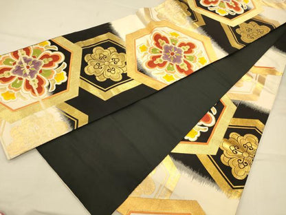 平和屋着物◎六通柄袋帯 唐織 亀甲花文 黒地 金糸 正絹 逸品 CAAS4638ft