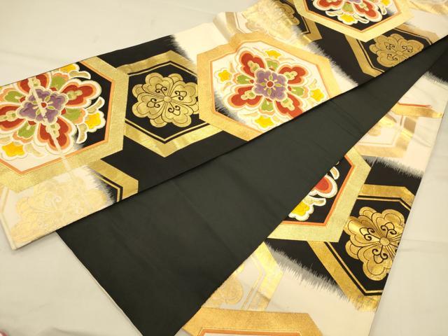 平和屋着物◎六通柄袋帯 唐織 亀甲花文 黒地 金糸 正絹 逸品 CAAS4638ft