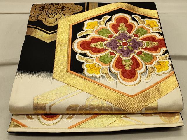 平和屋着物◎六通柄袋帯 唐織 亀甲花文 黒地 金糸 正絹 逸品 CAAS4638ft