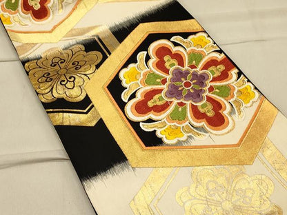 平和屋着物◎六通柄袋帯 唐織 亀甲花文 黒地 金糸 正絹 逸品 CAAS4638ft