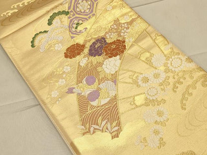 平和屋着物◎六通柄袋帯 唐織 片輪車鴛鴦花文 金糸 正絹 逸品 CAAS4642ft