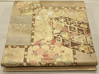 平和屋着物◎太鼓柄袋帯 吉祥陶器花文 金銀糸 引箔 正絹 逸品 CAAS4657ft