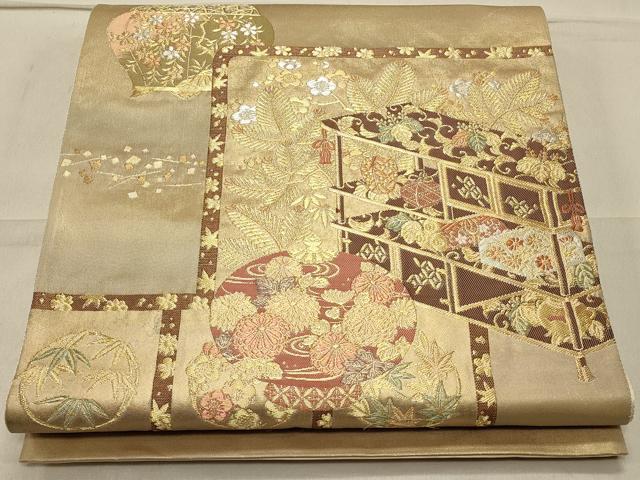 平和屋着物◎太鼓柄袋帯 吉祥陶器花文 金銀糸 引箔 正絹 逸品 CAAS4657ft