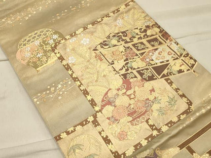 平和屋着物◎太鼓柄袋帯 吉祥陶器花文 金銀糸 引箔 正絹 逸品 CAAS4657ft