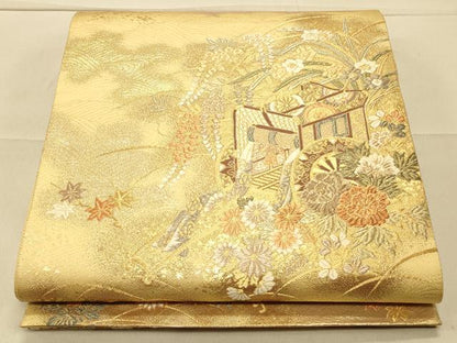 平和屋着物◎六通柄袋帯 御所車花文 金糸 正絹 逸品 CAAS4667ft