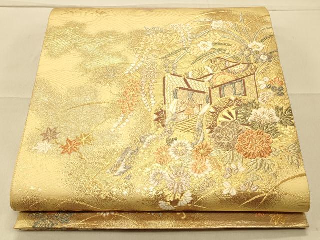 平和屋着物◎六通柄袋帯 御所車花文 金糸 正絹 逸品 CAAS4667ft