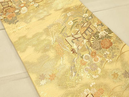 平和屋着物◎六通柄袋帯 御所車花文 金糸 正絹 逸品 CAAS4667ft