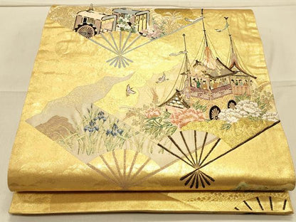 平和屋着物◎六通柄袋帯 扇面几帳花文 金糸 引箔 正絹 逸品 CAAS4673ft