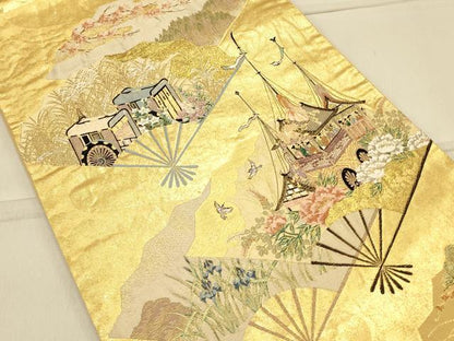 平和屋着物◎六通柄袋帯 扇面几帳花文 金糸 引箔 正絹 逸品 CAAS4673ft
