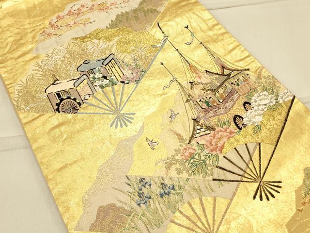 平和屋着物◎六通柄袋帯 扇面几帳花文 金糸 引箔 正絹 逸品 CAAS4673ft
