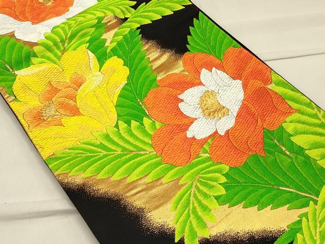 平和屋着物◎六通柄袋帯 唐織 草花文 黒地 金糸 正絹 逸品 CAAS4708ft