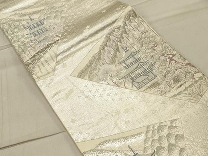 平和屋着物◎六通柄袋帯 仕覆風景文 プラチナ純銀箔二重織 正絹 逸品 CAAS4738ft