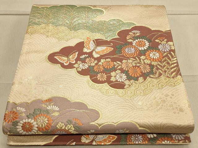 平和屋着物◎六通柄袋帯 唐織 雲取り花蝶文 金糸 正絹 逸品 CAAS4800ft