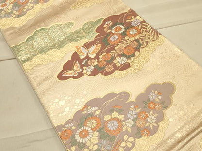 平和屋着物◎六通柄袋帯 唐織 雲取り花蝶文 金糸 正絹 逸品 CAAS4800ft